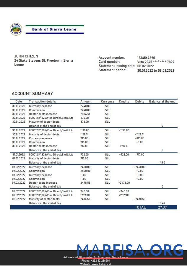 Realistic Sierra Leone Bank of Sierra Leone bank statement word download for verification
